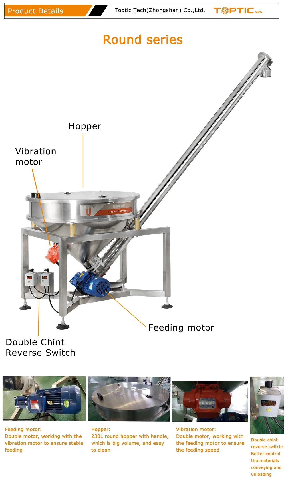 Tt-Sc-100/200 Inclined Hopper Powder Auger Screw Conveyor Feeder